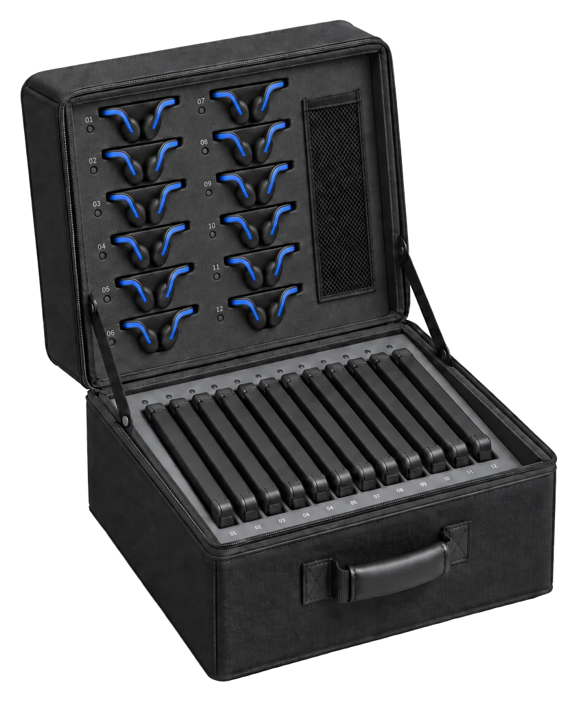 An open tablet and headphone charging case.