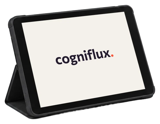 A rugged tablet on its folio stand, showing the Cogniflux wordmark.