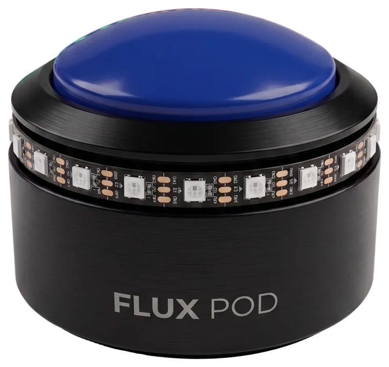 A Flux Pod up close: a black base with a ring of lights under a blue dome you press.