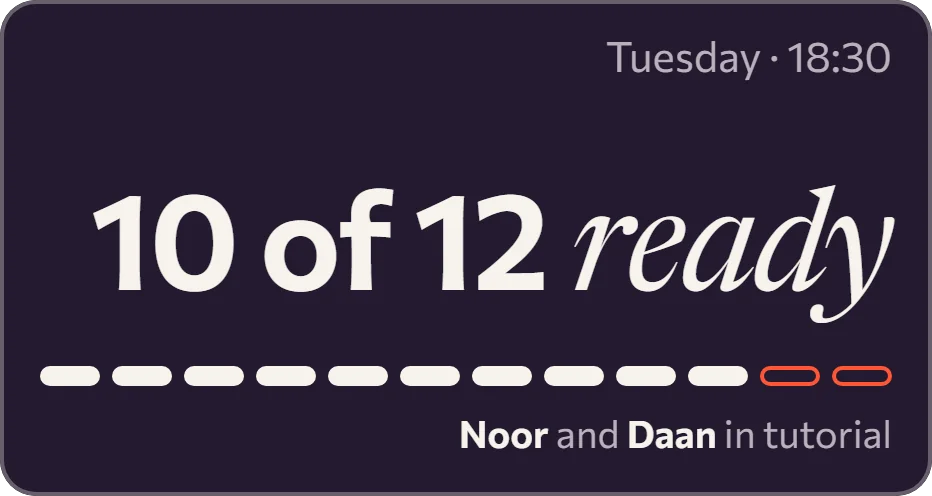 The coach interface's Today's class screen before training: 10 of 12 members ready, Noor and Daan still in tutorial.