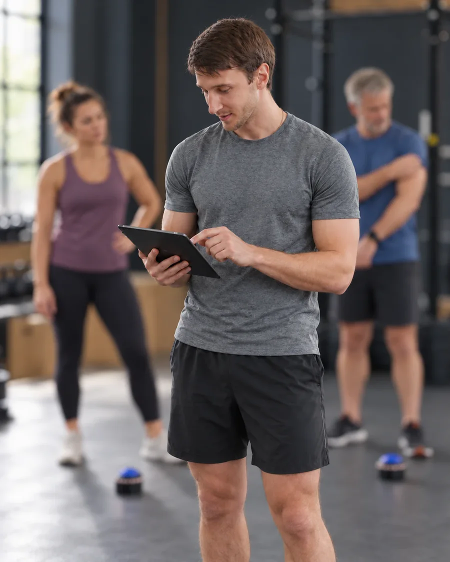 A coach checks a tablet on the gym floor while two participants stand at their Flux Pods behind him.